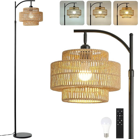 Boho Rattan Floor Lamp With Hand-Woven Wicker Shade