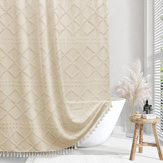 Boho Cream Shower Curtain Set | Textured Chevron Farmhouse Bathroom Décor (72 x 96")