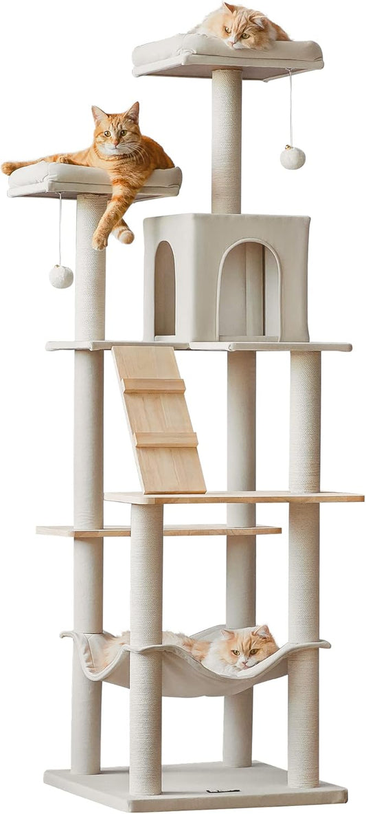 Modern Large Cat Tree Tower | Minimalist Multi-Cat Climbing Furniture with Condo, Hammock & Scratching Posts