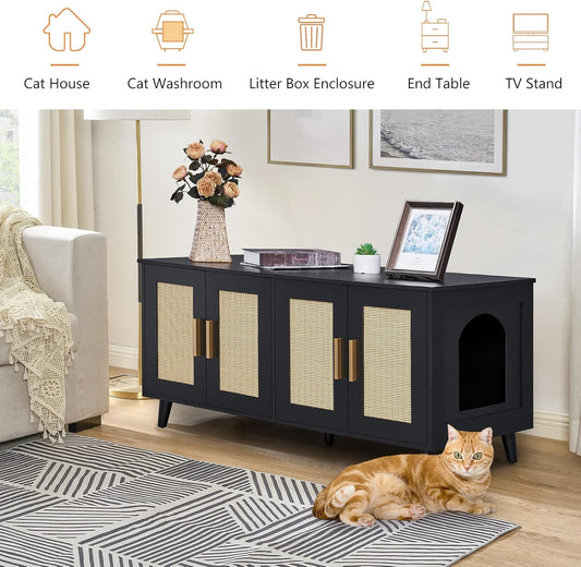 Boho Rattan Cat Litter Box Cabinet | Double-Compartment Enclosure & End Table for Two Cats