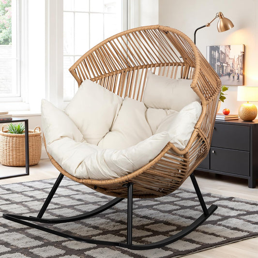 Outdoor Egg Chair with Cloud Cushion | Handwoven Rattan Patio Lounge Chair with Steel Frame (450 lb Capacity)