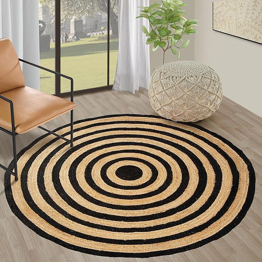 7 ft Round Handwoven Jute Area Rug | Natural Braided Farmhouse Rug for Living Rooms, Kitchens & Entryways